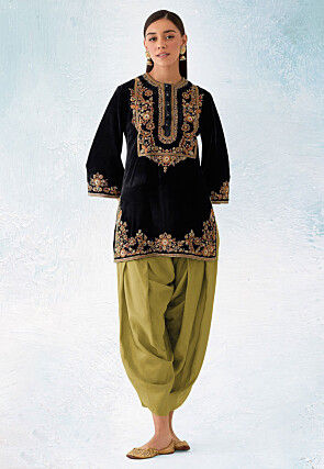 Embroidered Velvet Punjabi Suit in Black
