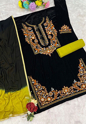 Embroidered Velvet Punjabi Suit in Black