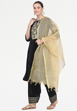 Embroidered Velvet Punjabi Suit in Black