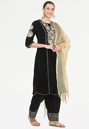 Embroidered Velvet Punjabi Suit in Black