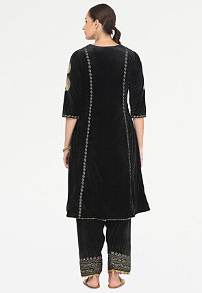 Embroidered Velvet Punjabi Suit in Black