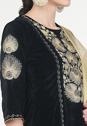 Embroidered Velvet Punjabi Suit in Black