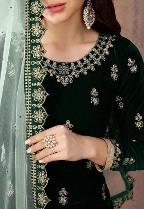 Embroidered Velvet Punjabi Suit in Dark Green