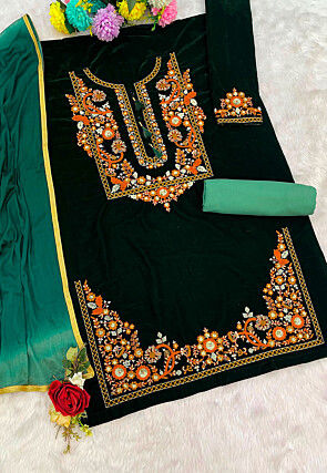 Embroidered Velvet Punjabi Suit in Dark Green