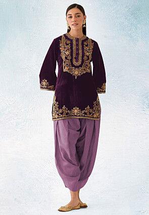 Embroidered Velvet Punjabi Suit in Dark Purple