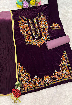 Embroidered Velvet Punjabi Suit in Dark Purple