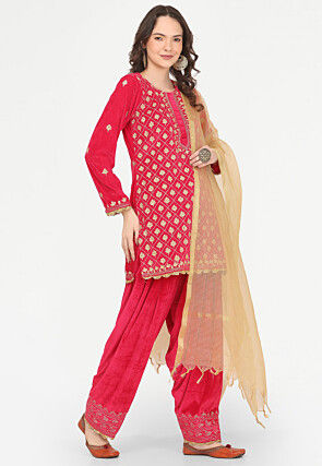 Embroidered Velvet Punjabi Suit in Fuchsia
