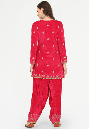 Embroidered Velvet Punjabi Suit in Fuchsia