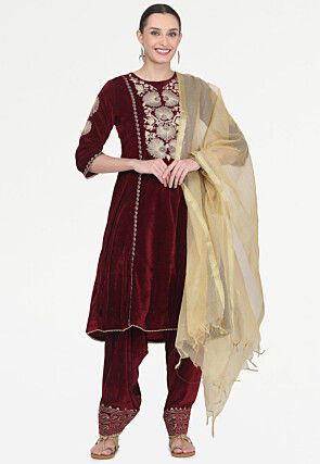 Embroidered Velvet Punjabi Suit in Maroon