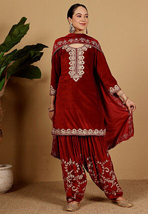 Embroidered Velvet Punjabi Suit in Maroon