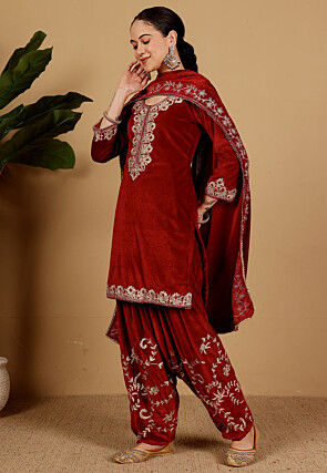 Embroidered Velvet Punjabi Suit in Maroon
