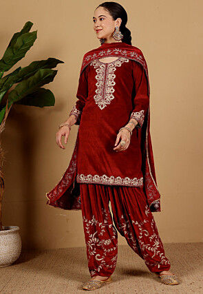 Embroidered Velvet Punjabi Suit in Maroon