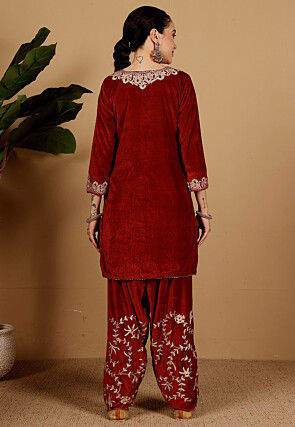 Embroidered Velvet Punjabi Suit in Maroon