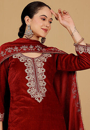 Embroidered Velvet Punjabi Suit in Maroon
