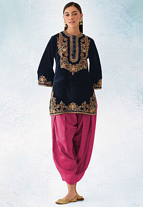 Embroidered Velvet Punjabi Suit in Navy Blue