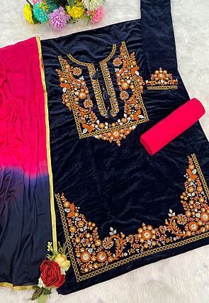 Embroidered Velvet Punjabi Suit in Navy Blue