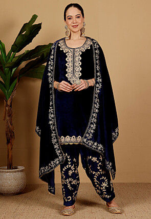 Embroidered Velvet Punjabi Suit in Navy Blue
