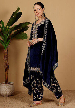 Embroidered Velvet Punjabi Suit in Navy Blue