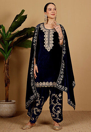 Embroidered Velvet Punjabi Suit in Navy Blue