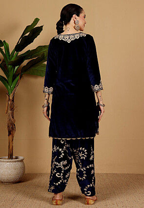 Embroidered Velvet Punjabi Suit in Navy Blue