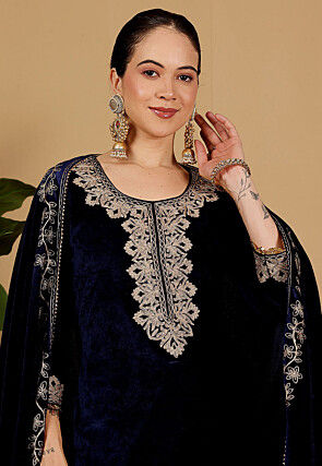 Embroidered Velvet Punjabi Suit in Navy Blue