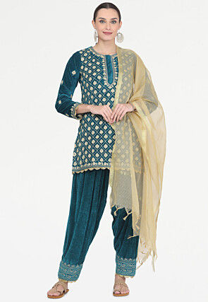Embroidered Velvet Punjabi Suit in Teal Blue