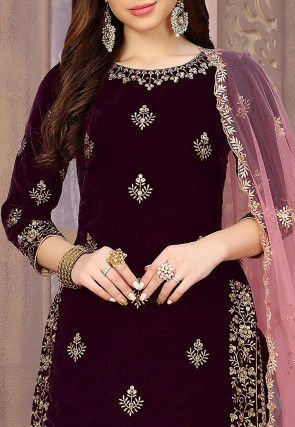 Embroidered Velvet Punjabi Suit in Wine