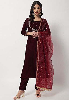 Embroidered Velvet Punjabi Suit in Wine