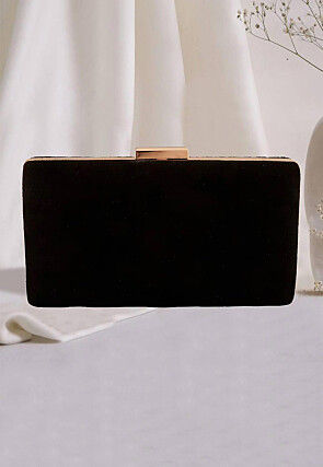 Embroidered Velvet Rectangular Clutch Bag in Black