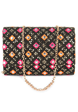 Embroidered Velvet Rectangular Clutch Bag in Black