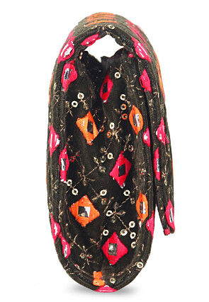 Embroidered Velvet Rectangular Clutch Bag in Black