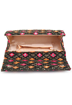 Embroidered Velvet Rectangular Clutch Bag in Black