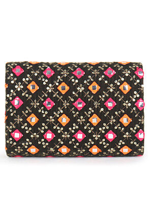 Embroidered Velvet Rectangular Clutch Bag in Black