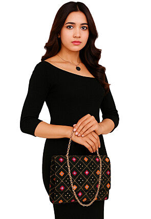 Embroidered Velvet Rectangular Clutch Bag in Black