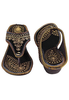 Embroidered Velvet Women Sandal in Black