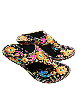 Embroidered Velvet Women Sandal in Black