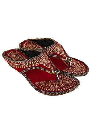 Embroidered Velvet Women Sandal in Maroon