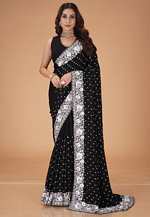 Embroidered Velvet Saree in Black