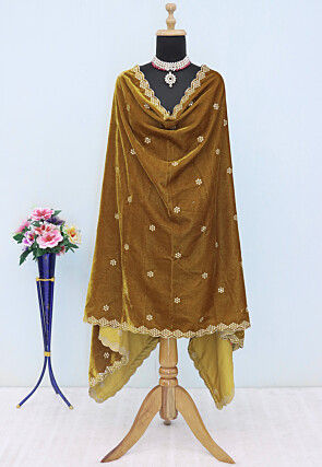 Embroidered Velvet Scalloped Dupatta in Beige