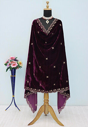 Embroidered Velvet Scalloped Dupatta in Purple