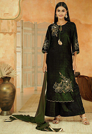 Embroidered Velvet Scalloped Pakistani Suit in Dark Green