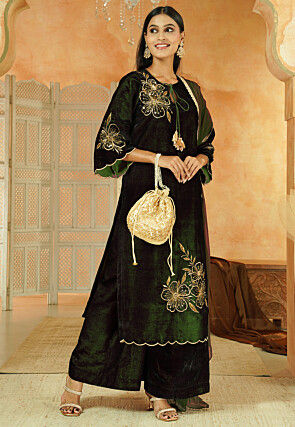 Embroidered Velvet Scalloped Pakistani Suit in Dark Green