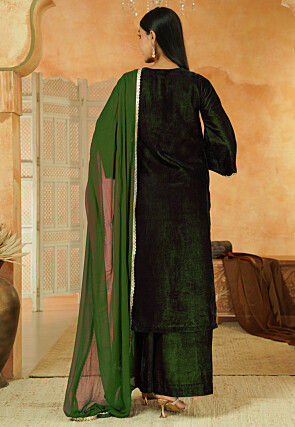 Embroidered Velvet Scalloped Pakistani Suit in Dark Green