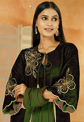 Embroidered Velvet Scalloped Pakistani Suit in Dark Green
