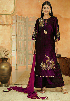 Embroidered Velvet Scalloped Pakistani Suit in Dark Voilet
