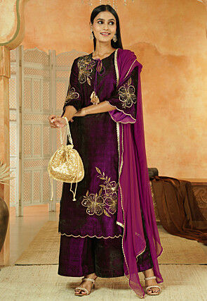 Embroidered Velvet Scalloped Pakistani Suit in Dark Voilet