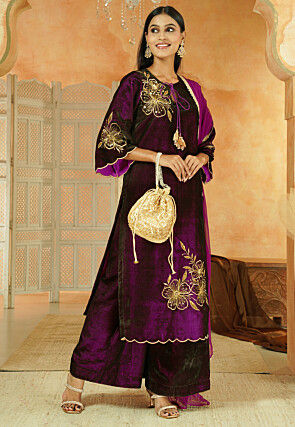 Embroidered Velvet Scalloped Pakistani Suit in Dark Voilet