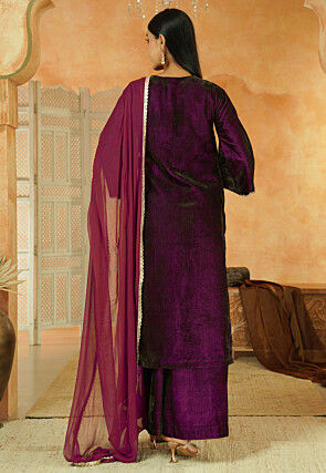 Embroidered Velvet Scalloped Pakistani Suit in Dark Voilet