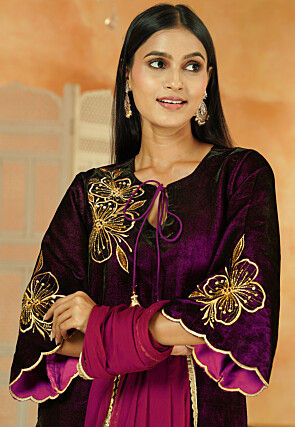 Embroidered Velvet Scalloped Pakistani Suit in Dark Voilet