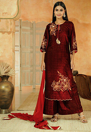 Embroidered Velvet Scalloped Pakistani Suit in Maroon
